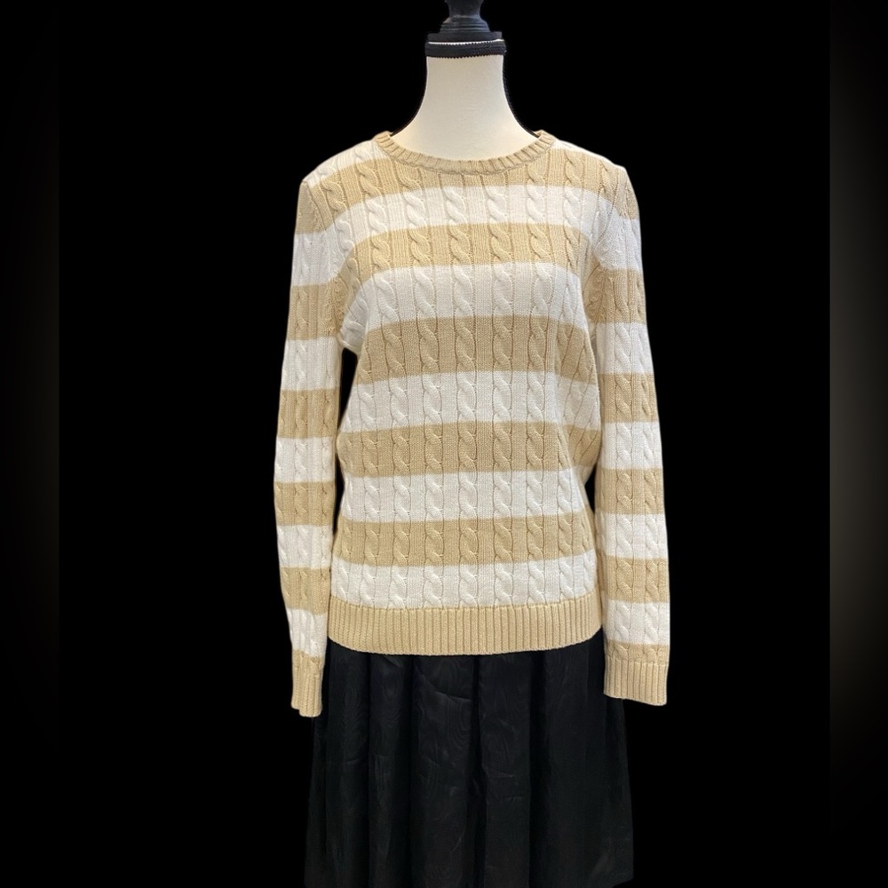 100% cotton Talbots Tan and White Striped Cable Knit Sweater, EUC size M